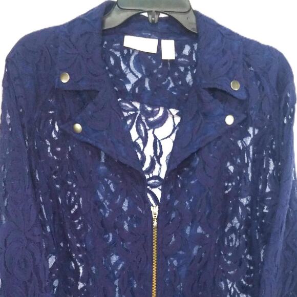 Chicos Navy Lace Moto Jacket Front Zip Up Long Sleeve Collar Sheer Feminine Sz 2 - Picture 4 of 13